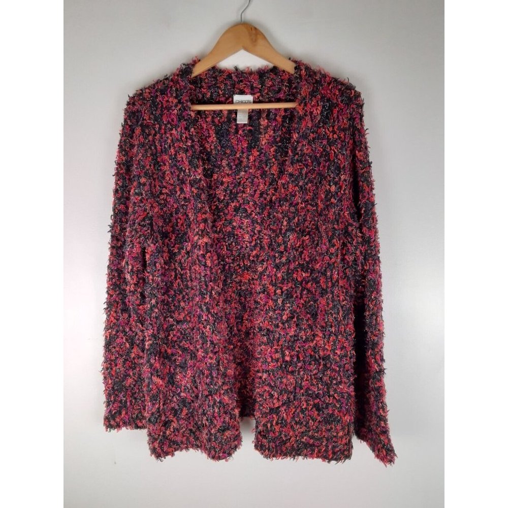Vintage Chico's Women's Multicolor Metallic Shaggy Fringe Knit Open Cardigan L 2